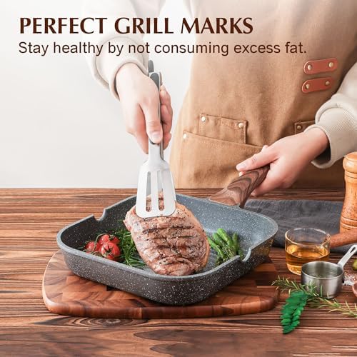 SENSARTE Nonstick Grill Pan with Lid, Grill Pan for Stove Tops, Versatile Griddle Pan with Pour Spouts, Square Grill Pan for Big Cooking Surface, Grill Skillet for Indoor Outdoor Grilling. PFOA Free - Image 3