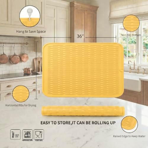 MicoYang Silicone Dish Drying Mat for Multiple Usage,Easy clean,Eco-friendly,Heat-resistant Silicone Mat for Kitchen Counter or Sink,Refrigerator or Drawer Liner Yellow 5XL 36inches x 18inches - Image 2