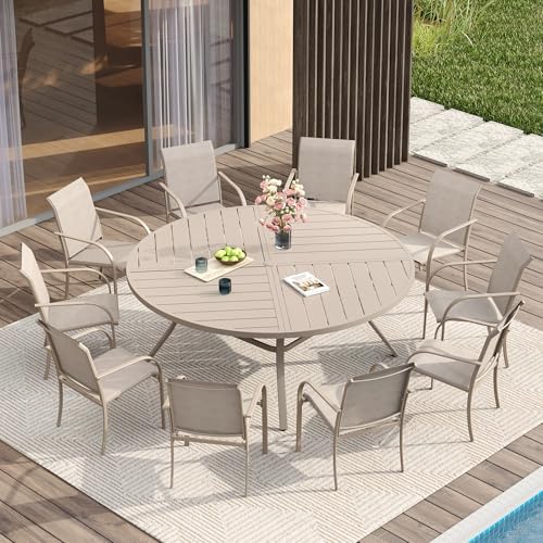 VICLLAX Patio Table and Chair Set of 10, All Weather Metal Round Outdoor Dining Furniture Set-59.9" Round Outdoor Table and Chairs, Sandshell Tabletop by HOME
