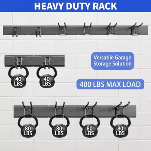 Garage Tool Organizer Wall Mount, 48 Inch Heavy Duty Garden Tool Organizer Storage System, Easy Install with 6 Adjustable Hooks, for Garage, Basement, Shed, Workshop, Black, Steel - Image 3