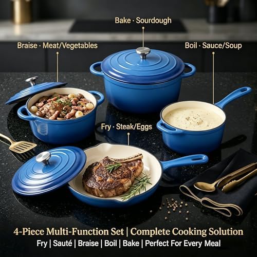 QuliMetal Enameled Cast Iron Cookware Set, 4-Piece Pots and Pans Set with Lids, 10.25" Skillet, 2QT Saucepan, 2.8QT & 4.8QT Dutch Ovens, Oven Safe to 500°F, All Stovetops Compatible - Cobalt Blue - Image 6