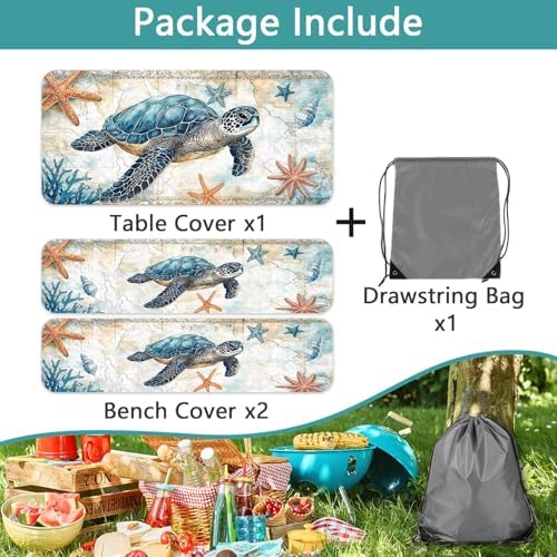 Picnic Table Cover with Bench Covers 6FT, Camping Essentials, Nautical Sea Turtle Ocean Windproof Waterproof Picnic Table Cloth, Fitted Tablecloth with Elastic Edge for Indoor Outdoor 3PCS 30x72 Inch - Image 7