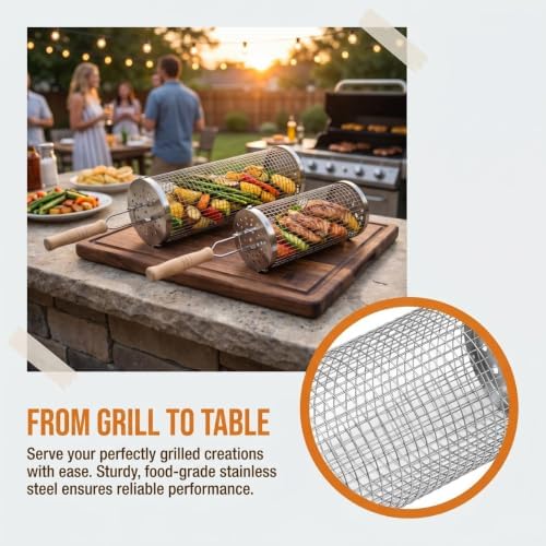 Rolling Grill Baskets, Removable Wooden Handle, Nesting BBQ Tools - Image 7