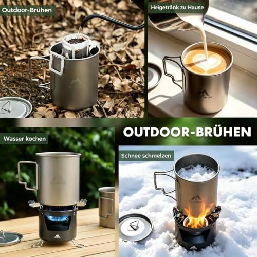 THTYBROS Titanium Cup Ultralight Camping Mug with Foldable Handle & Lid, Pure Titanium Cookware for Outdoor Hiking, Backpacking, Picnic, and Campfire - Image 3