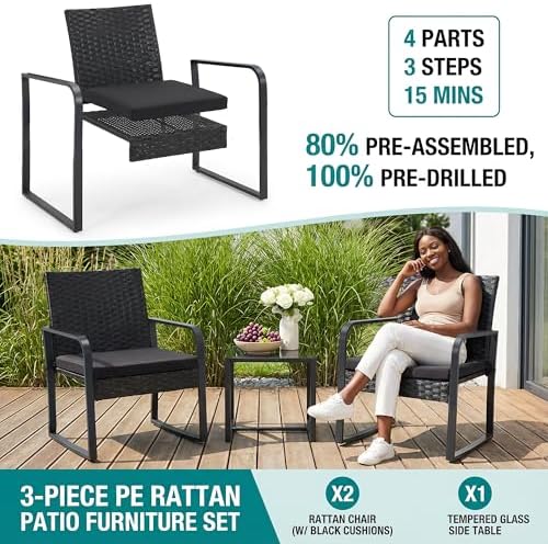 Bezseller 3-Piece Patio Furniture Set, Wicker Bistro Set, Black - Image 4