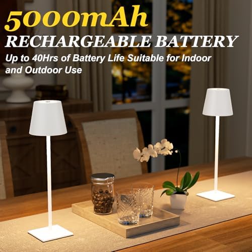 Kakanuo White Gold Cordless Rechargeable Table Lamp 5000mAh Battery Operated Lamps, 3 Colors Stepless Dimming Touch Lamp for Living Room, Kitchen Counter, Dining, Outdoor Patio, 2 Pack - Image 3