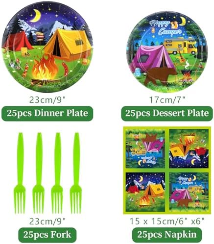 Camping Party Supplies - Camping Party Tableware - Dinner Plates, Dessert Plates, Napkins, Forks for Boy Camper Campfire Forest Picnic Adventure Party Supplies, Serves 25 - Image 2