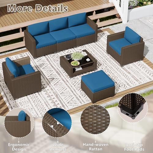 LOUVIXA 7 Piece Outdoor Patio Furniture Set, Rattan Chairs Glass Table Wicker Conversation Seating Sectional Sofa with Cushions (Brown-Peacock Blue, 7Pcs-2 Layer Coffee Table) - Image 5