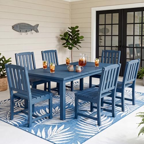 Perli™ 7-Piece Outdoor Dining Set, All-Weather HDPE Patio Table and 6 Chairs with Umbrella Hole, UV-Resistant Composite Wood Dining Furniture for Deck, Backyard, Poolside, Blue by PatioKingdom