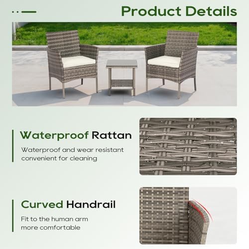 FDW 3-Piece Patio Furniture Set | Gray & Khaki | Outdoor Wicker Furniture - Image 3