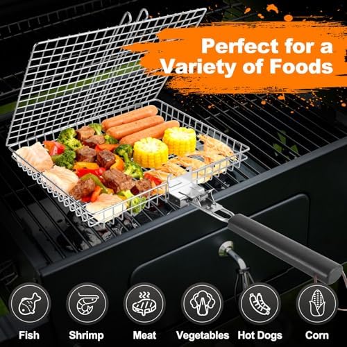 Fish Grill Basket for Outdoor Grill, Grilling Basket With Removable Handle, Portable BBQ Set Barbecue Rack for Shrimp Pork Veggies, Camping Grilling Accessories With Brush, Metal Skewers and Carry Bag - Image 5
