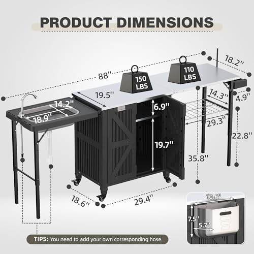 Outdoor Grill Cart with Stainless Steel Top, Outdoor Kitchen Island BBQ Prep Table, Storage Cabinet, Mobile Grill Cart with Folding Hanging Trash Bin, Wheels, Side Shelf for Patio, Garden, Picnic - Image 2