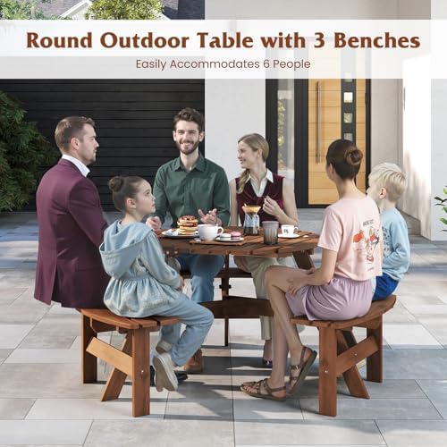 Tangkula 6-Person Wood Picnic Table, Outdoor Round Table and Bench Set with 3 Built-in Benches, Umbrella Hole, Perfect for Outside, Patio, Garden, Backyard, Porch (6-Person,Brown) - Image 6