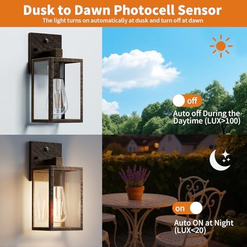 2 Pack Black Brush Gold Dusk to Dawn Exterior Lighting Fixtures Wall Mount, Sensor Outside Front Porch Lights for House, Outdoor Lantern Lamp, Wall Sconce Lights, Coach Light for Garage Entryway - Image 2