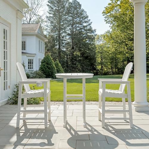 3-Piece White Counter Height Bar Dining Set with 1.96-inch Center Hole, 42.1" HDPE Indoor/Outdoor Round Bar Table with 2 Bar Stools, All-Weather Patio Bistro Set for Deck, Balcony, Poolside & Coastal - Image 3