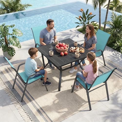 Outdoor Dining Set for 4, Metal Table and Stackable Chairs - Image 3