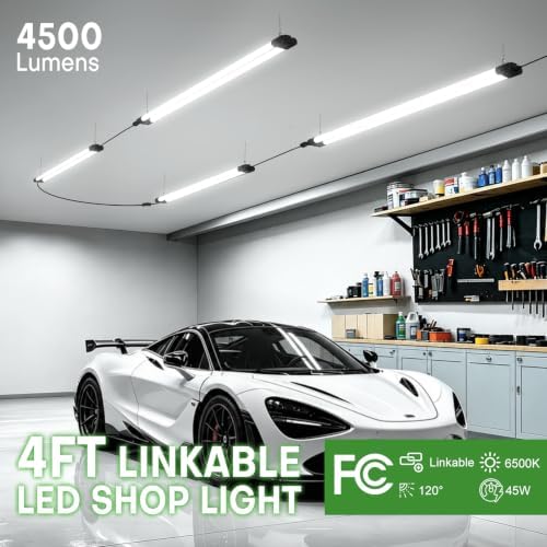 T5 LED Shop Light, 4FT 4500LM Garage Lighting, 45W (150W Equivalent), 6500K Linkable Integrated Light Fixture with ON/OFF Switch, Hanging or Ceiling Mount Bright White Light for Workshop (4 Pack) - Image 2
