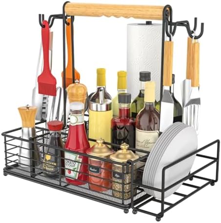 Toncoke Large Grill Caddy with Paper Towel Holder & Side Hooks, All-in-One BBQ Tool Organizer with Adjustable Dividers, Rustproof for Outdoor Kitchen, Camping, RV - Black by Unknown
