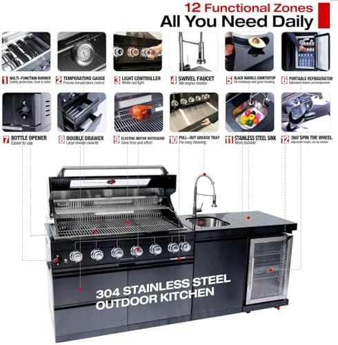 Outdoor Kitchen Island, 82 Inch 85000 BTU Gas Grill Combination With Refrigerator and Sink, Outdoor Stainless Steel Barbecue Bar, Natural Gas Barbecue Grill for Patios, Gardens, Parties - Image 3