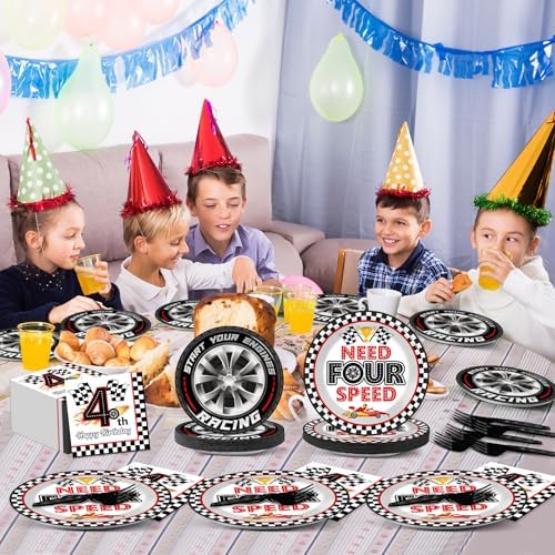 96Pcs Racing Car 4th Birthday Party Paper Plates and Napkins for Need Four Speeed Dessert Cake Plate Disposable Decor Racing Checkered Flag Tableware for Boy Kids Race Car 4 Years Birthday Decorations - Image 6