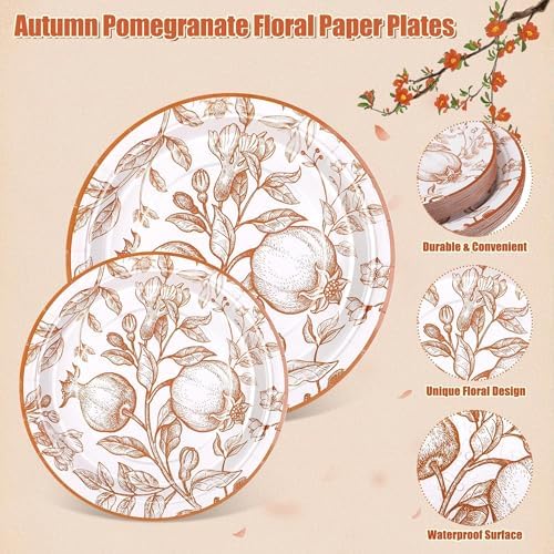 Kochorie 96 Pieces Fall Disposable Pomegranate Paper Plates Thanksgiving Vintage Floral Party Supplies Orange Floral Tableware Set Includes Paper Plates Cups Napkins Serve 24 for Wedding Baby Shower - Image 3