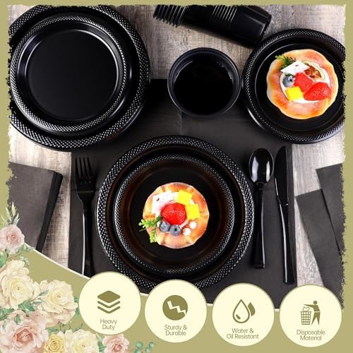 Kochorie 240 Pieces Black Plastic Dinnerware Set for 30 Guests Disposable Heavy Duty Plates Napkins Cups and Silverware Dessert Dinner Plates for Birthday Wedding Halloween Party Supplies - Image 3