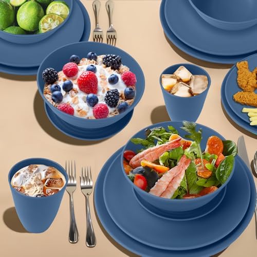 Wrova 40Pack plates and bowls sets for kids - Unbreakable wheat straw dinnerware sets service for 8 - Alternative plastic 40pcs dishes for kitchen, camping and indoors dinning - (Blue) - Image 5