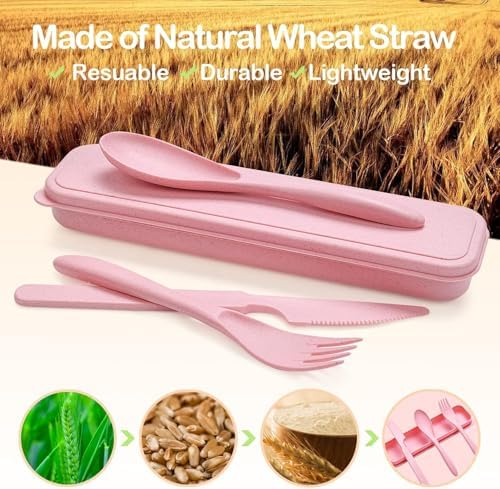 YDYTOP Reusable Travel Utensils Set with Case, 32 Sets Wheat Straw Knife Fork Spoon Cutlery, Multicolor Plastic Silverware for Kids and Adults, School Lunch, Party, Picnic and Camping - Image 2