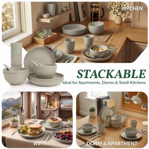 Homienly Wheat Straw Dinnerware Sets 20 PCS Unbreakable Plates and Bowls Sets Microwave Safe Camping Dish Set Kids Dinnerware Set, Kitchen, Apartment, Party, RV, Picnic, Dorm-Grey - Image 6