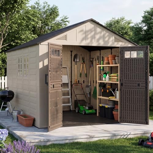 Aoxun 8x12 Ft Outdoor Storage Shed with Floor, Large Resin Outdoor Shed with Lockable Door & Windows, Garden HDPE Sheds for Lawn Tools, Pool Supplies & Bikes by Aoxun