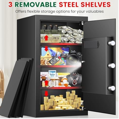 5.1 Cuft Large Home Safes Water and Fireproof with Digital Keypad & Key Lock, Fire Security Safes with 3 Removable Shelves, Anti-Pry Safe Box for Money Documents Jewelry, 23.62"H x14.96"W x 12.2"D - Image 4