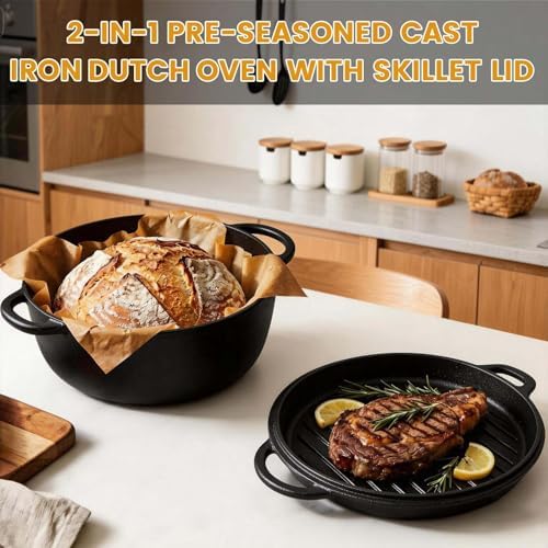 3.5QT Cast Iron Dutch Oven with Skillet Lid, 2-in-1 Cookware Set - Image 2