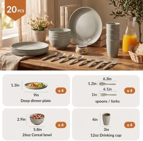 Homienly Wheat Straw Dinnerware Sets 20 PCS Unbreakable Plates and Bowls Sets Microwave Safe Camping Dish Set Kids Dinnerware Set, Kitchen, Apartment, Party, RV, Picnic, Dorm-Grey - Image 2
