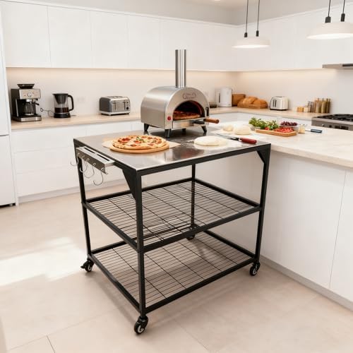 Three-Shelf Movable Stainless Steel & Steel Outdoor Dining Cart Table Pizza Oven Protable Grill and Heavy Duty Grill Cart Outdoor Table - Image 7