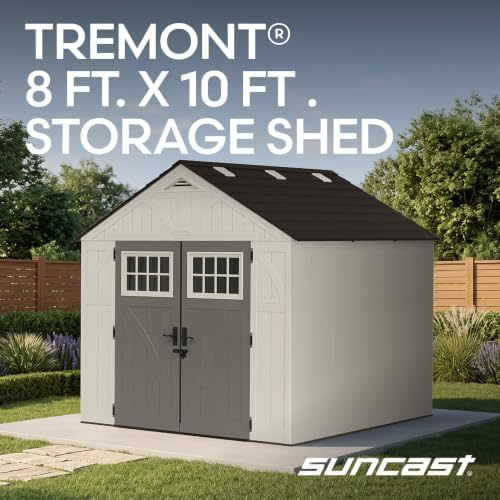 Suncast 8x10 Ft. Outdoor Storage Shed - Large Resin Outdoor Shed with Floor Included, Lockable Double Doors & Skylights. 547 Cu Ft Tremont Garden Resin Sheds for Lawn Tools, Riding Mowers, & Bikes - Image 3