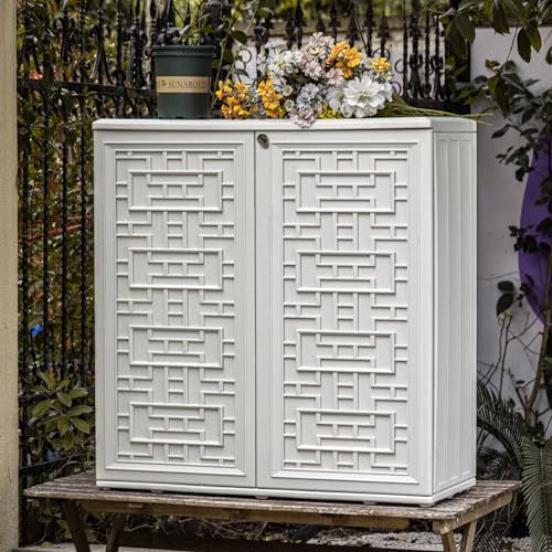 Mrosaa Indoor Outdoor Storage Cabinet Waterproof with Shelf, Off White Plastic Outdoor Cabinets for Patio/Garden/Backyard, Size 34.3''L*15''W*36.2''H - Image 5