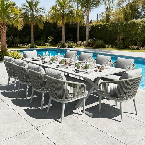 LayinSun 11 Pieces Outdoor Patio Dining Set, Aluminium Rectangular Dining Table and Wicker Rattan Chairs Set for Outside Backyard, Poolside by LayinSun