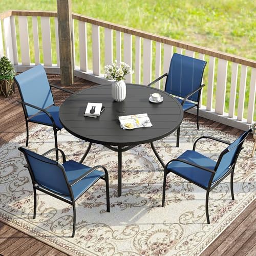 VICLLAX 5 Pieces Patio Dining Set for 4, Outdoor Furniture Set Includes 40.7" Round Patio Table and 4 Patio Stackable Chairs, Black Tabletop and Blue Fabric by HOME