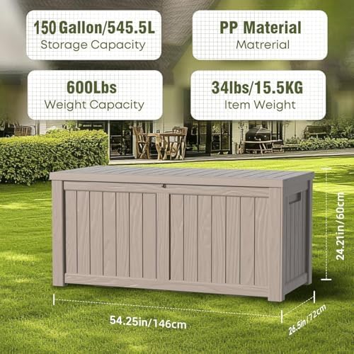 PatioZen 150 Gallon Deck Box,Resin Outdoor Storage Box with Lockable for Patio Furniture, Pool Accessories, Garden Tools Waterproof Outside Storage Box (Grey) - Image 4