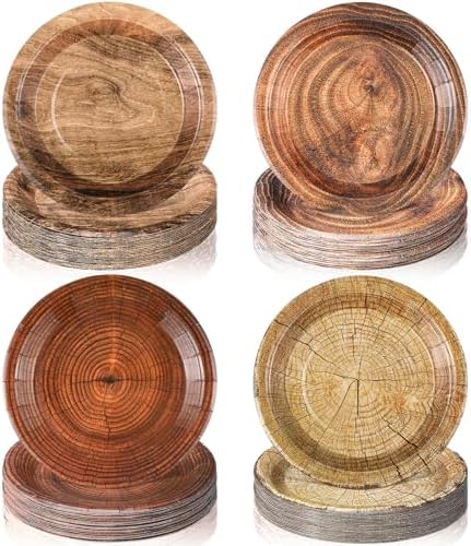 80 Pcs Camping Birthday Party Supplies 7 Inch Wood Grain Paper Plates Rustic Wood Slice Dessert Plates for Hunting Birthday Decorations Woodland Party Dinnerware by Suttmin