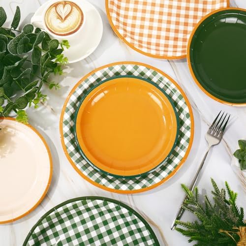 FYSUIMU 96 Pcs Camp Bachelorette Gingham Paper Plates Last Trail Before the Veil Party Decor 7" 9" Disposable Green Orange Checked Dessert Tableware for Summer Fall Wedding Birthday Bridal Shower - Image 3
