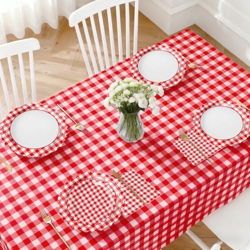 102 PCS Red Gingham Party Supplies - Christmas Scalloped Plates, Napkins, Forks, Banner, Gingham Tablecloth for Baby Shower, Birthday, Picnic Party Decorations, Serves 25 - Image 4