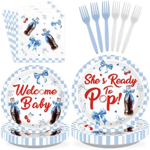 96Pcs She's Ready to Pop Baby Shower Party Decorations Soda Pop Drink Plates and Napkins Blue White Bow Plaid Disposable Paper Tableware Set for Girls Boys Baby Shower Party Supplies Serves 24 by Greencian