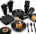 Kochorie 240 Pieces Black Plastic Dinnerware Set for 30 Guests Disposable Heavy Duty Plates Napkins Cups and Silverware Dessert Dinner Plates for Birthday Wedding Halloween Party Supplies by Kochorie