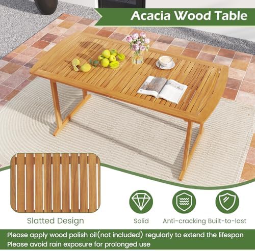 Tangkula 7 Piece Patio Acacia Wood Dining Set for 6, Patio Rectangle Table with Umbrella Hole & 6 Cushioned Armchairs, for Backyard Garden Poolside Deck, Natural - Image 7