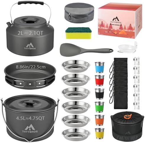 THTYBROS 43-Piece Camping Cookware Set,Large Mess Kit for 6 Persons,with 4.75QT Pot,2.1QT Kettle,Frying Pan,Cups,Utensils and Tableware,Heavy Duty Aluminum Cook Set for Outdoor Camping,Hiking,Picnic by THTYBROS