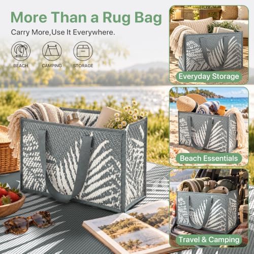 GENIMO Outdoor Rug 6' x 9' Waterproof for Patios Clearance, Reversible Plastic Straw Camping Carpet with Rectangular Storage Bag, Large Area Rugs and Mats for RVs,Garden, Beach, Gray & White - Image 5