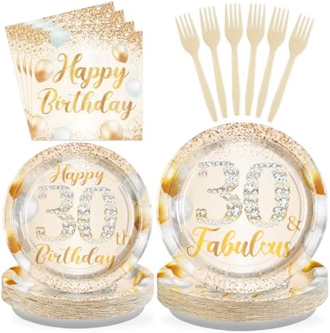 96Pcs 30 Fabulous White and Gold Birthday Party Decorations Serves 24 by Greencian