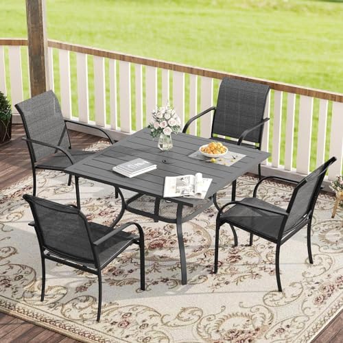 VICLLAX Patio Dining Set, 5 Pieces Outdoor Furniture Set- 37.8" Square Outdoor Table and 4 Stackable Patio Chairs, Grey Tabletop and Grey Fabric by HOME