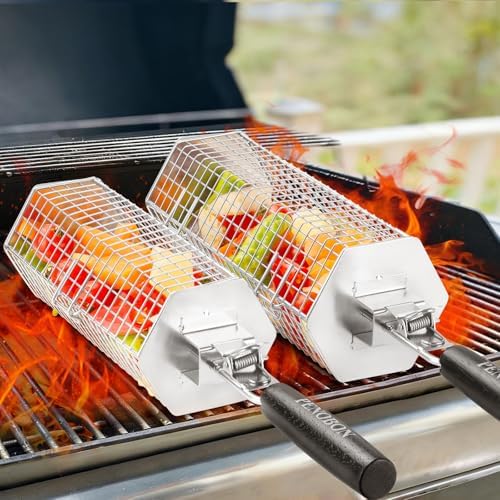 Rolling Grilling Basket, 2 PCS 304 Stainless Steel BBQ Grill Baskets - Image 3